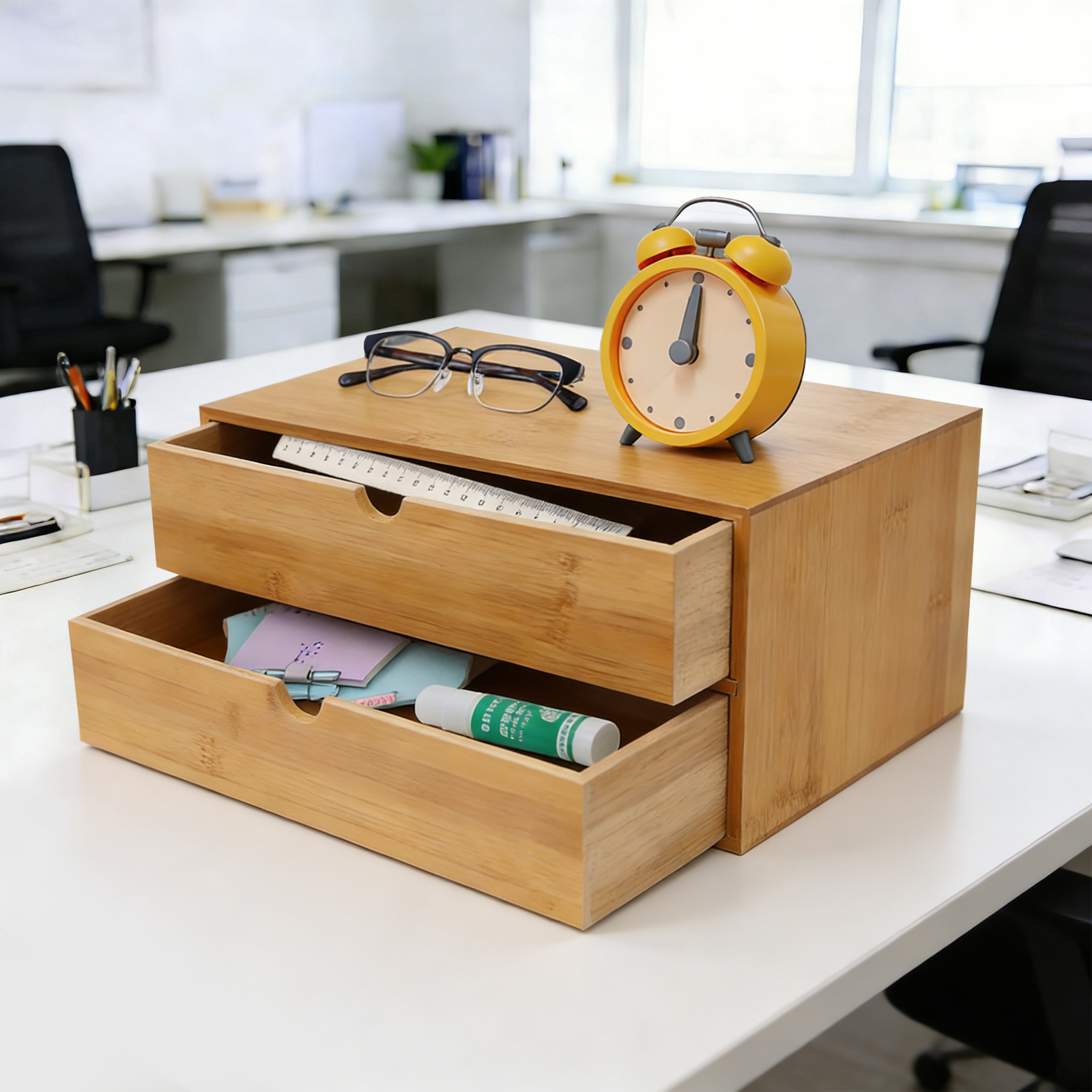Desktop Organizer Bamboo - Desk Organizer, 2-Drawer Office Supplies Storage