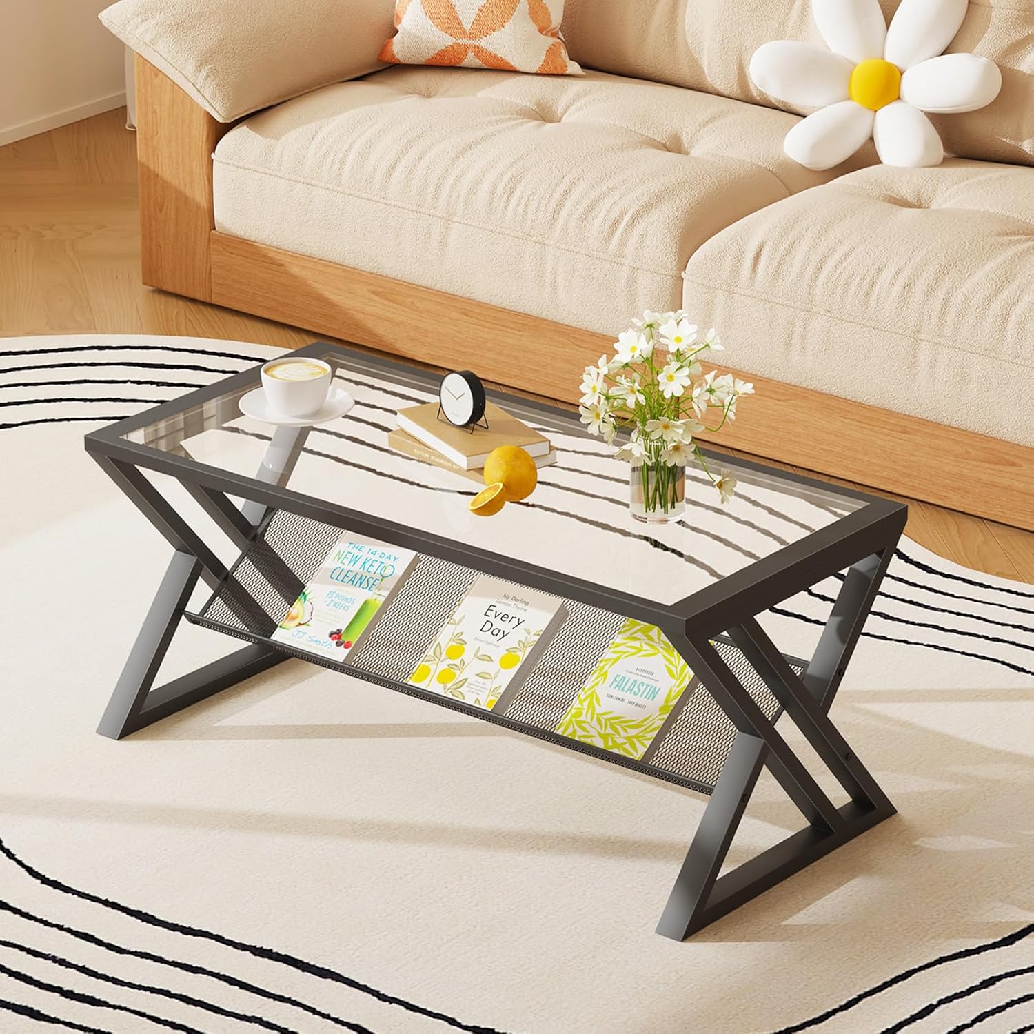 Home Office Industrial Design - Rectangular Glass Coffee Table with Storage