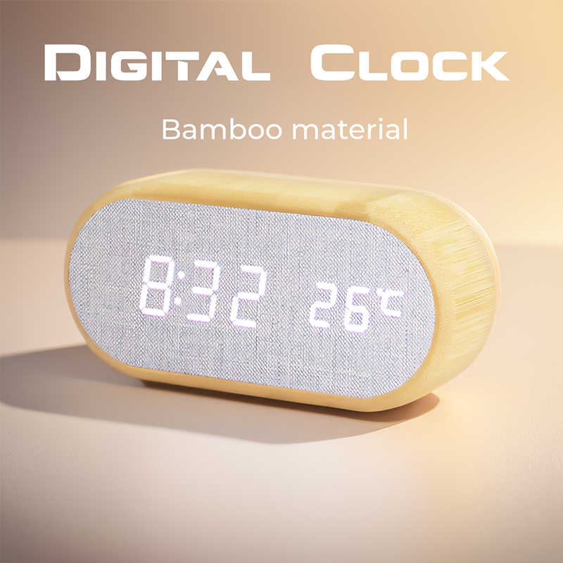 Desktop Organizer Bamboo - Digital Alarm Clock with Temperature Wooden